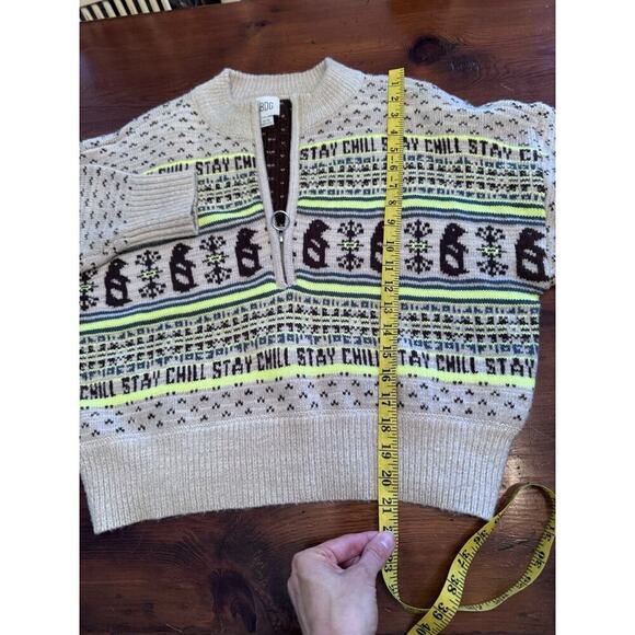 Urban Outfitters Cream Chartreuse Fair Isle Penguin Pullover Sweater Jumper M - Picture 3 of 10